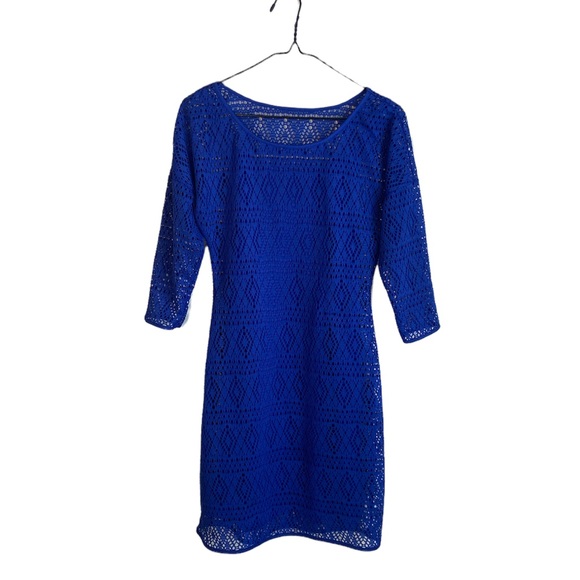 EXPRESS BLUE LACE MINI DRESS, THREE QUARTER SLEEVE, ADJUSTABLE STRAPS SIZE SMALL - Picture 1 of 8